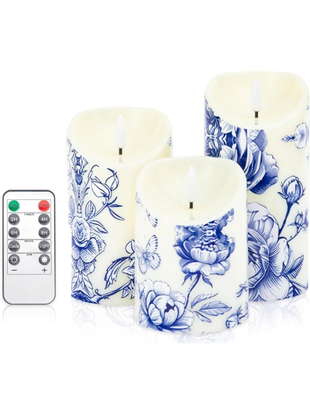Set of 3 Blue & White Flameless Candles - Chinoiserie Floral Decor with Remote
